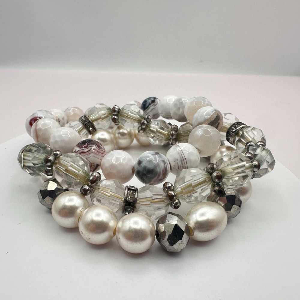 Vintage 90s Stackable Beaded Bracelet Set Glass Faux Pearl Agate Style Jewelry